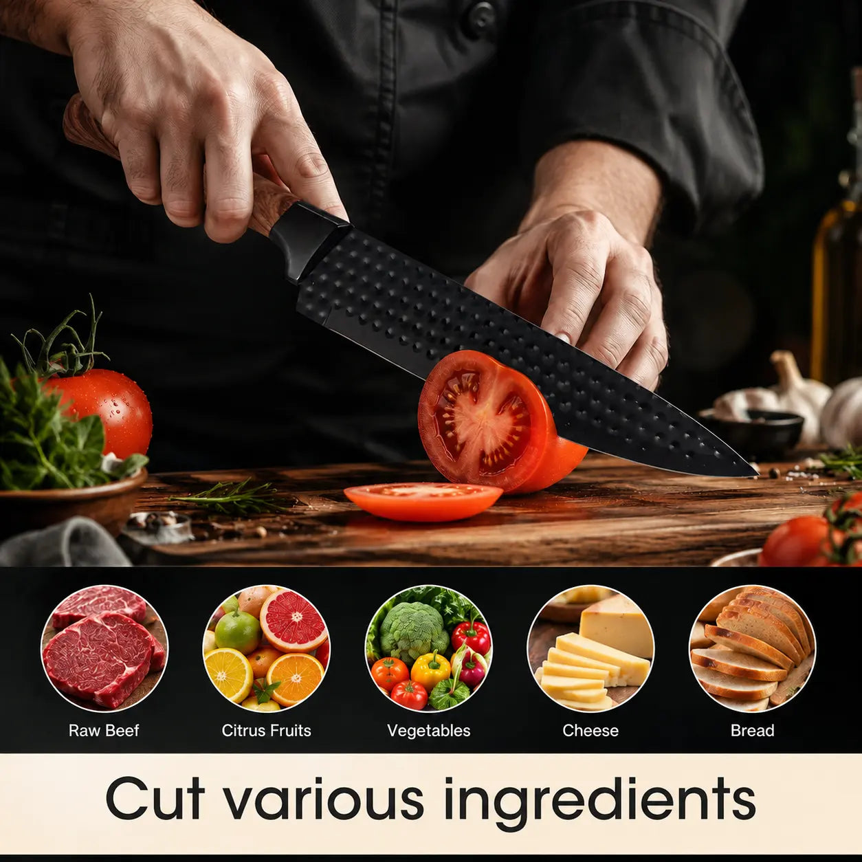 6-Piece Kitchen Knife Set, Black Hammered Stainless Steel Cooking Knives with Wood Grain Handles, Includes Cleaver Chef Utility Paring Knife Kitchen Scissors Peeler Efficiency Blade