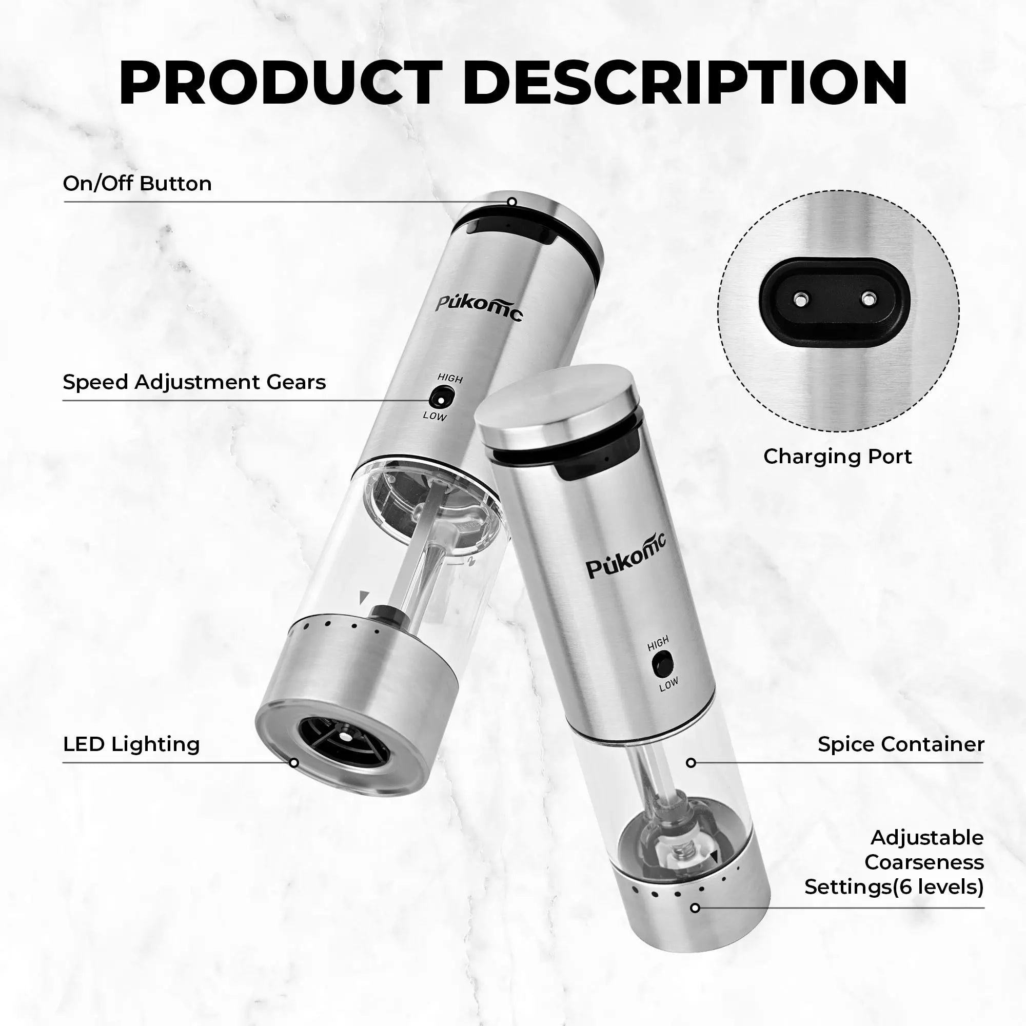 Pukomc Smart Electric Salt Grinder Set - 6 Adjustable Coarseness Levels, Rechargeable LED Base, Easy-Clean Design, 12 Refills & Accessories Included for Dining Table Grinding