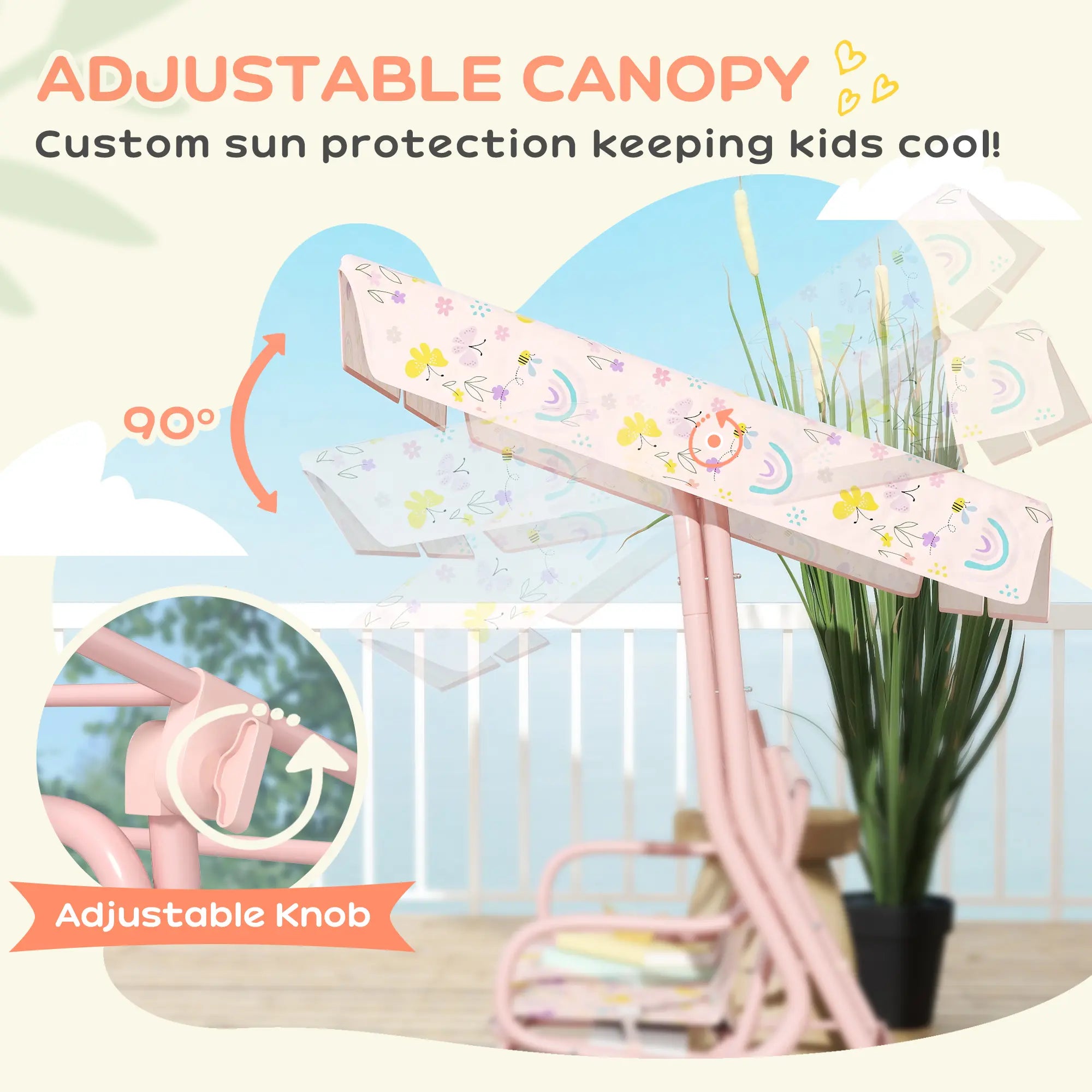 Qaba Kids Patio Swing, 2-Seater Outdoor Porch Swing Chair with Adjustable Canopy, Safety Belt, Hanging Swing Bench for Garden, Backyard