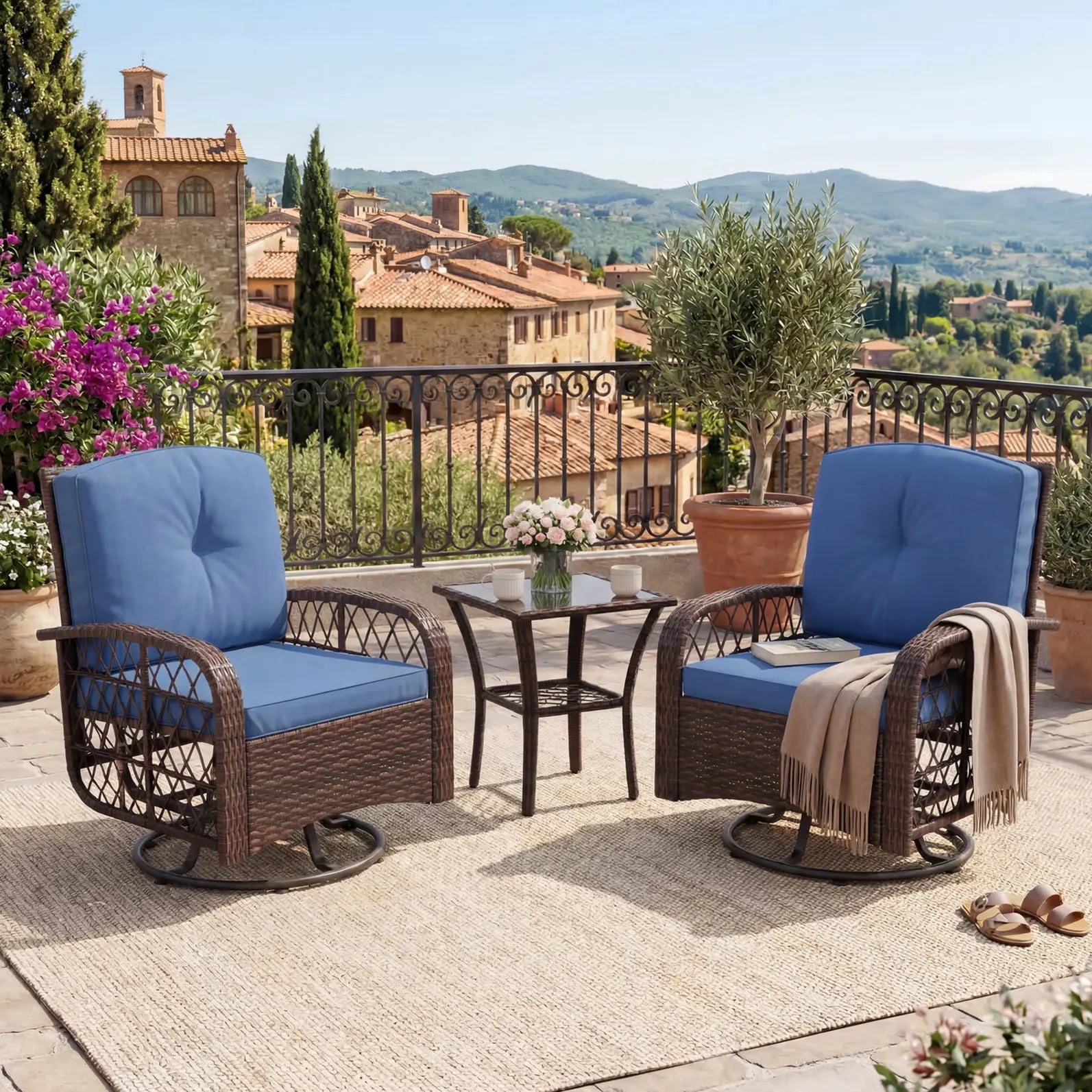 Garvee 3-Piece All-Weather Resin Rattan Outdoor Wicker Swivel Rocker Patio Furniture Set - Bistro Style, 4" Extra-Thick Foam Blue Waterproof Cushions, Ergonomic High-Support Backs, Tempered Glass Table, Assembly Required for Deck, Porch