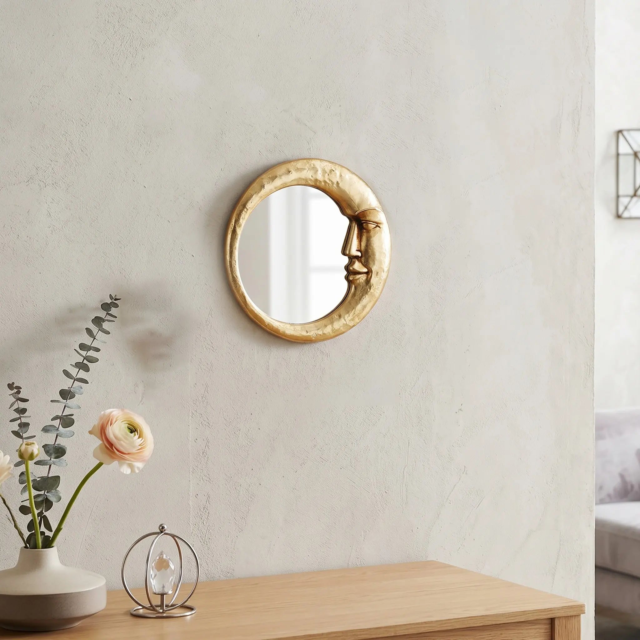 Round Wall Mirror with Moon and Face Design, Resin Wall-Mounted Home Decorative Mirror for Living Room and Bedroom #GLOBAL PICKS