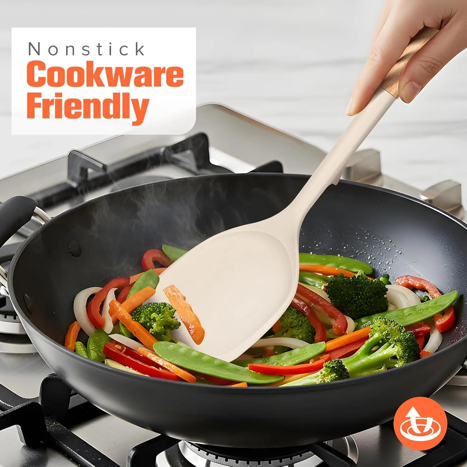 Silicone Cooking Utensils Set of 10 with Wooden Handle,No Scratch for Nonstick Cookware,Slotted Spoon&Spatula,Solid Spoon&Spatula,Large Measuring Ladle,Brush,Rice Paddle,Baking Turner&Flipper (Khaki)