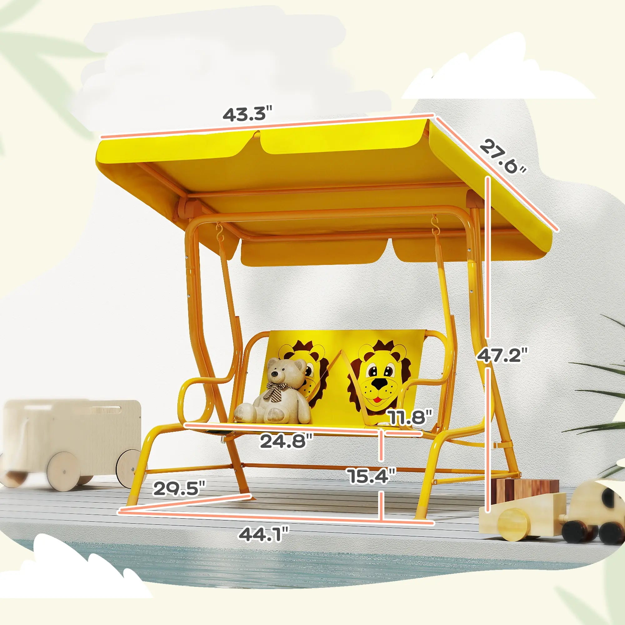 Qaba Kids Patio Swing, 2-Seater Outdoor Porch Swing Chair with Adjustable Canopy, Safety Belt, Hanging Swing Bench for Garden, Backyard