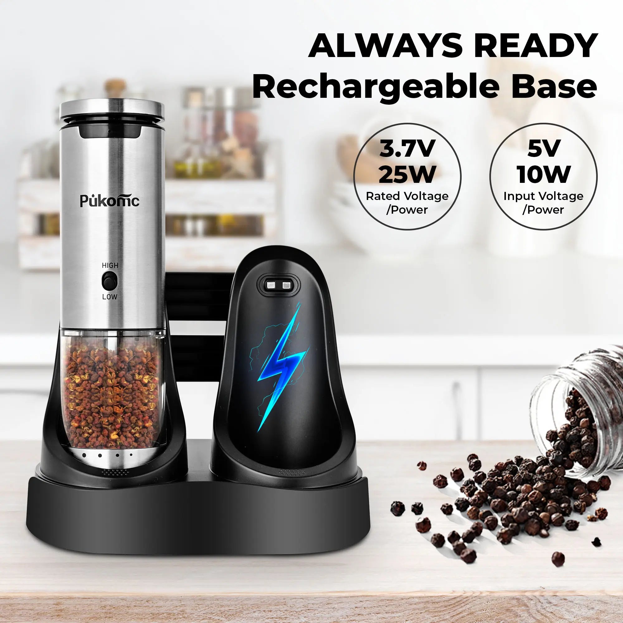 Pukomc Smart Electric Salt Grinder Set - 6 Adjustable Coarseness Levels, Rechargeable LED Base, Easy-Clean Design, 12 Refills & Accessories Included for Dining Table Grinding