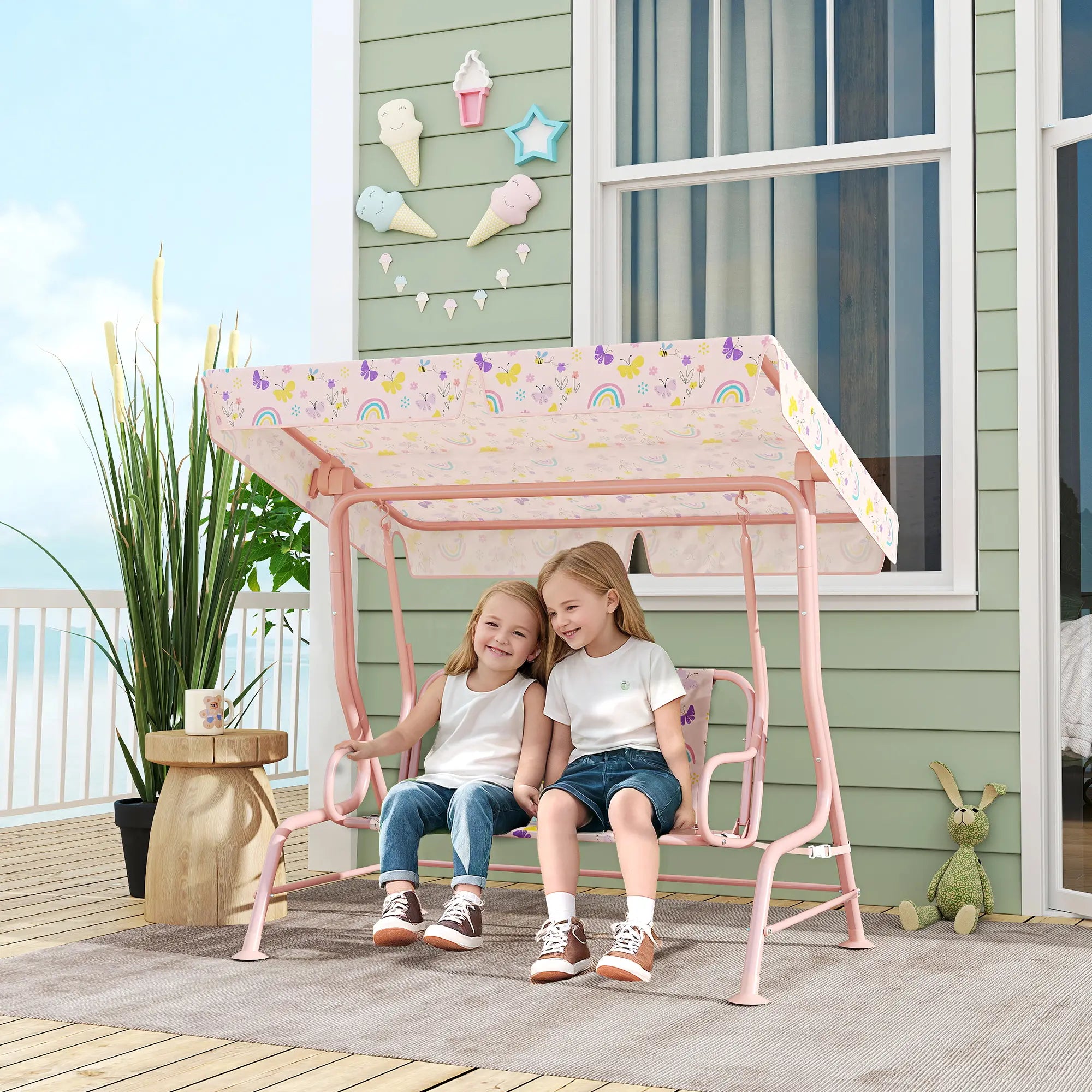 Qaba Kids Patio Swing, 2-Seater Outdoor Porch Swing Chair with Adjustable Canopy, Safety Belt, Hanging Swing Bench for Garden, Backyard