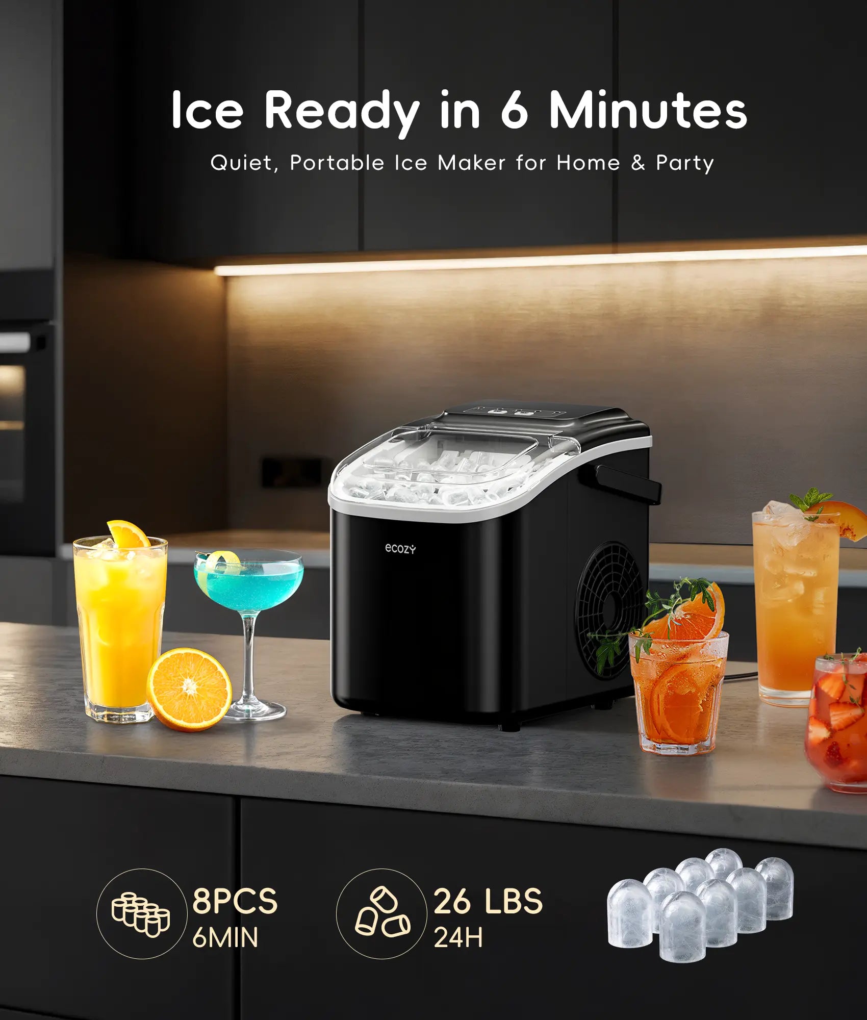 Ecozy Portable Countertop Ice Maker, 8 Ice Cubes in 6 Minutes, 26 Lbs Daily Output,Self-Cleaning with Ice Bags, Scoop, and Basket Kitchenware Home