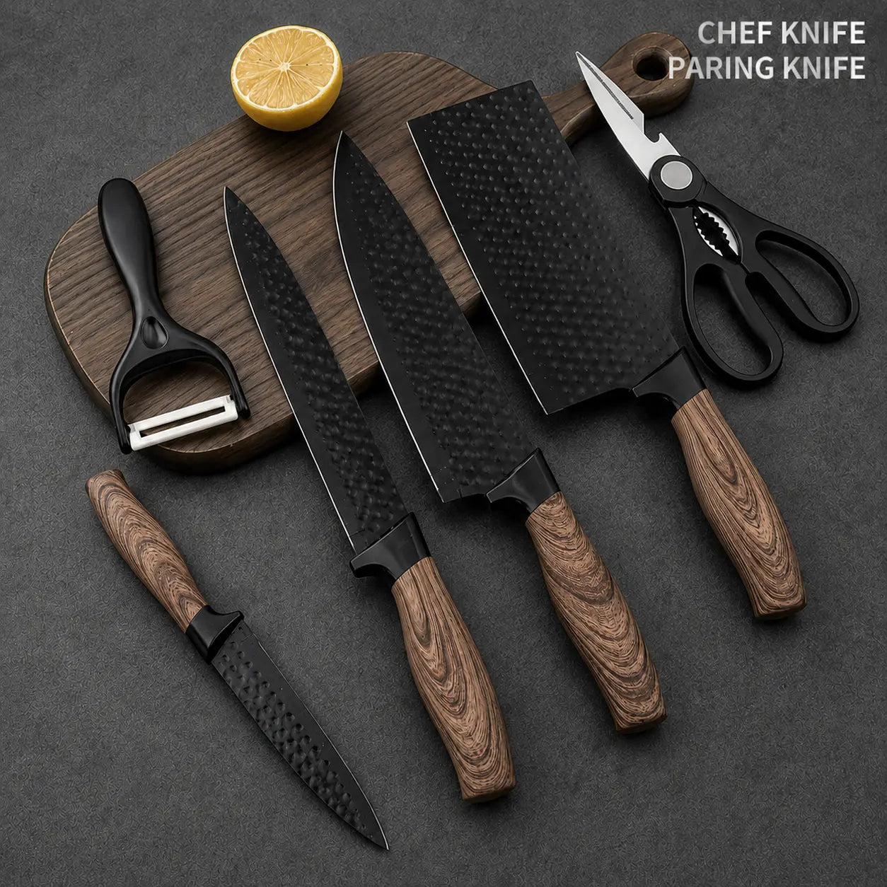 6-Piece Kitchen Knife Set, Black Hammered Stainless Steel Cooking Knives with Wood Grain Handles, Includes Cleaver Chef Utility Paring Knife Kitchen Scissors Peeler Efficiency Blade