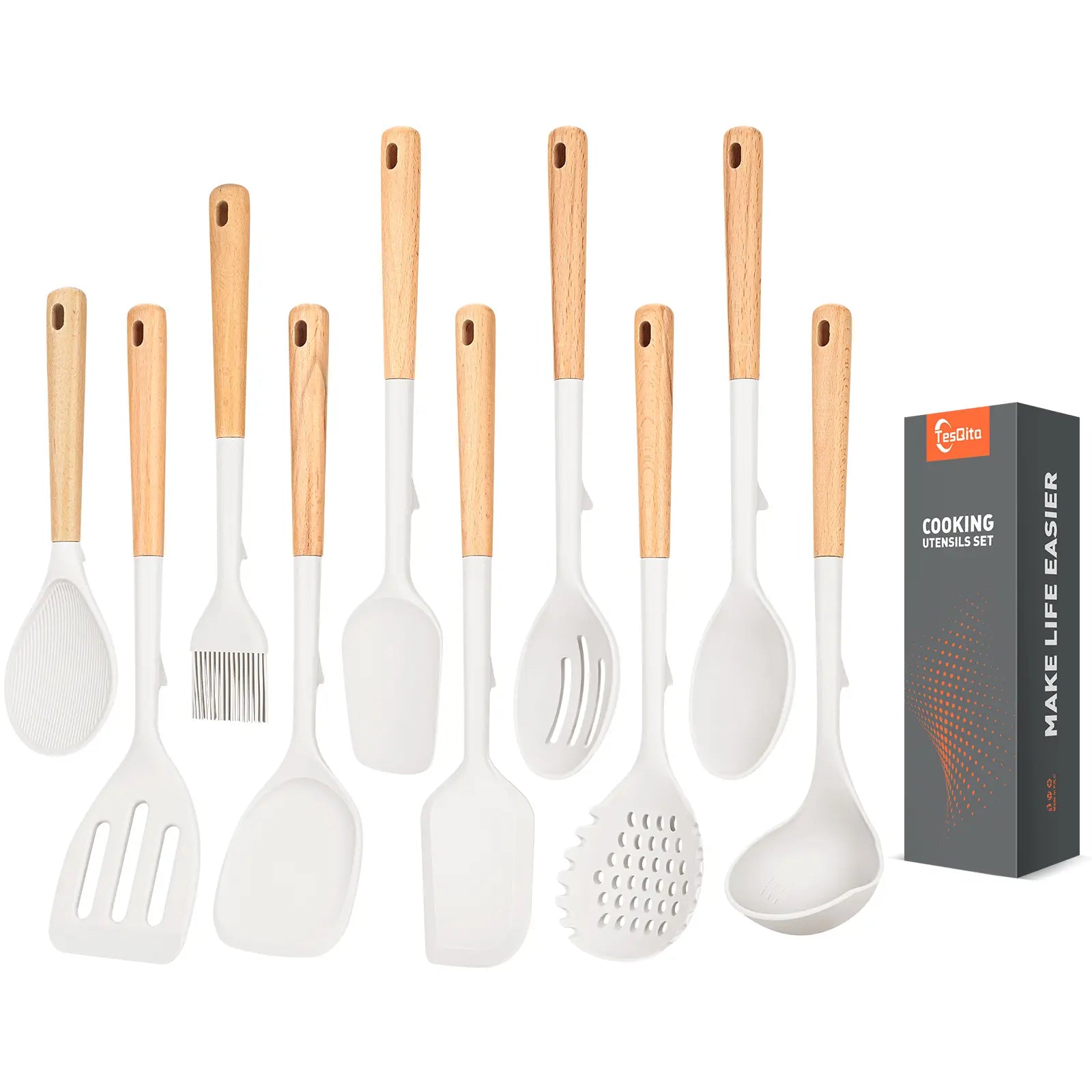 Silicone Cooking Utensils Set of 10 with Wooden Handle,No Scratch for Nonstick Cookware,Slotted Spoon&Spatula,Solid Spoon&Spatula,Large Measuring Ladle,Brush,Rice Paddle,Baking Turner&Flipper (Khaki)