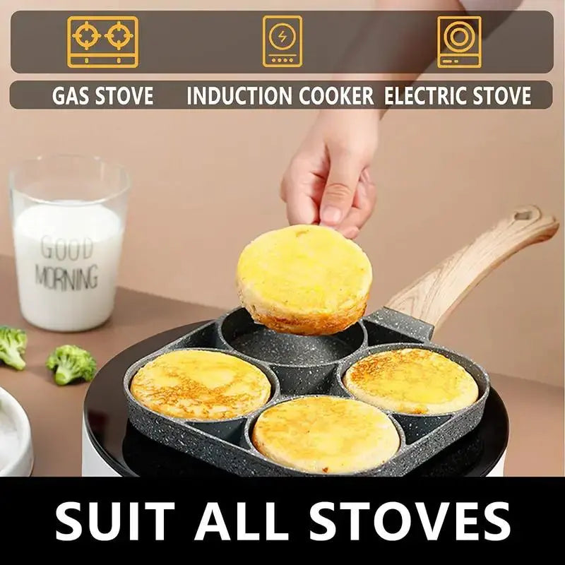 4-Hole Nonstick Frying Pan, Household Egg Skillet with Wooden Handle, Easy-To-Clean Small Cooking Pans for Home Kitchen, Ideal Birthday Gift, Nonstick Cooking Tools #GLOBAL PICKS