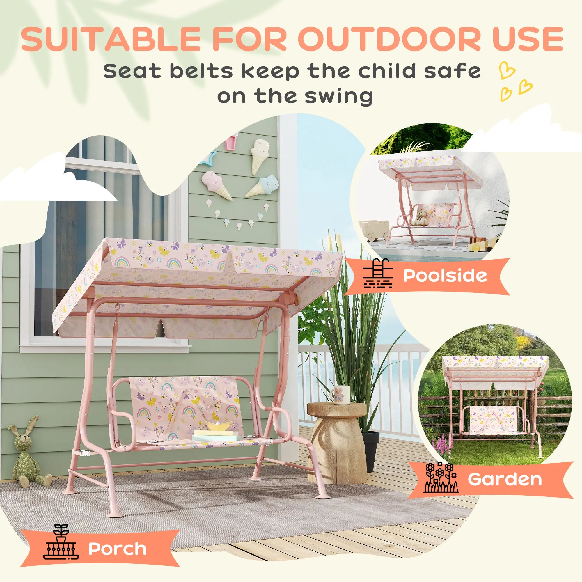 Qaba Kids Patio Swing, 2-Seater Outdoor Porch Swing Chair with Adjustable Canopy, Safety Belt, Hanging Swing Bench for Garden, Backyard