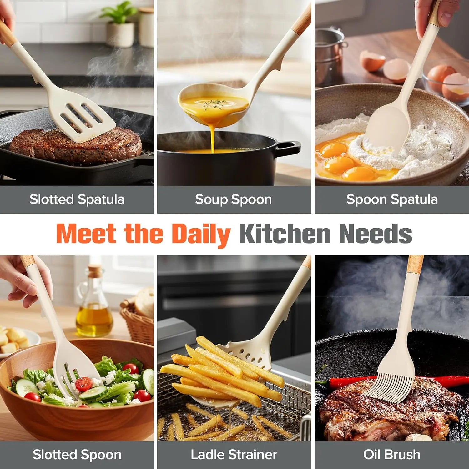 Silicone Cooking Utensils Set of 10 with Wooden Handle,No Scratch for Nonstick Cookware,Slotted Spoon&Spatula,Solid Spoon&Spatula,Large Measuring Ladle,Brush,Rice Paddle,Baking Turner&Flipper (Khaki)