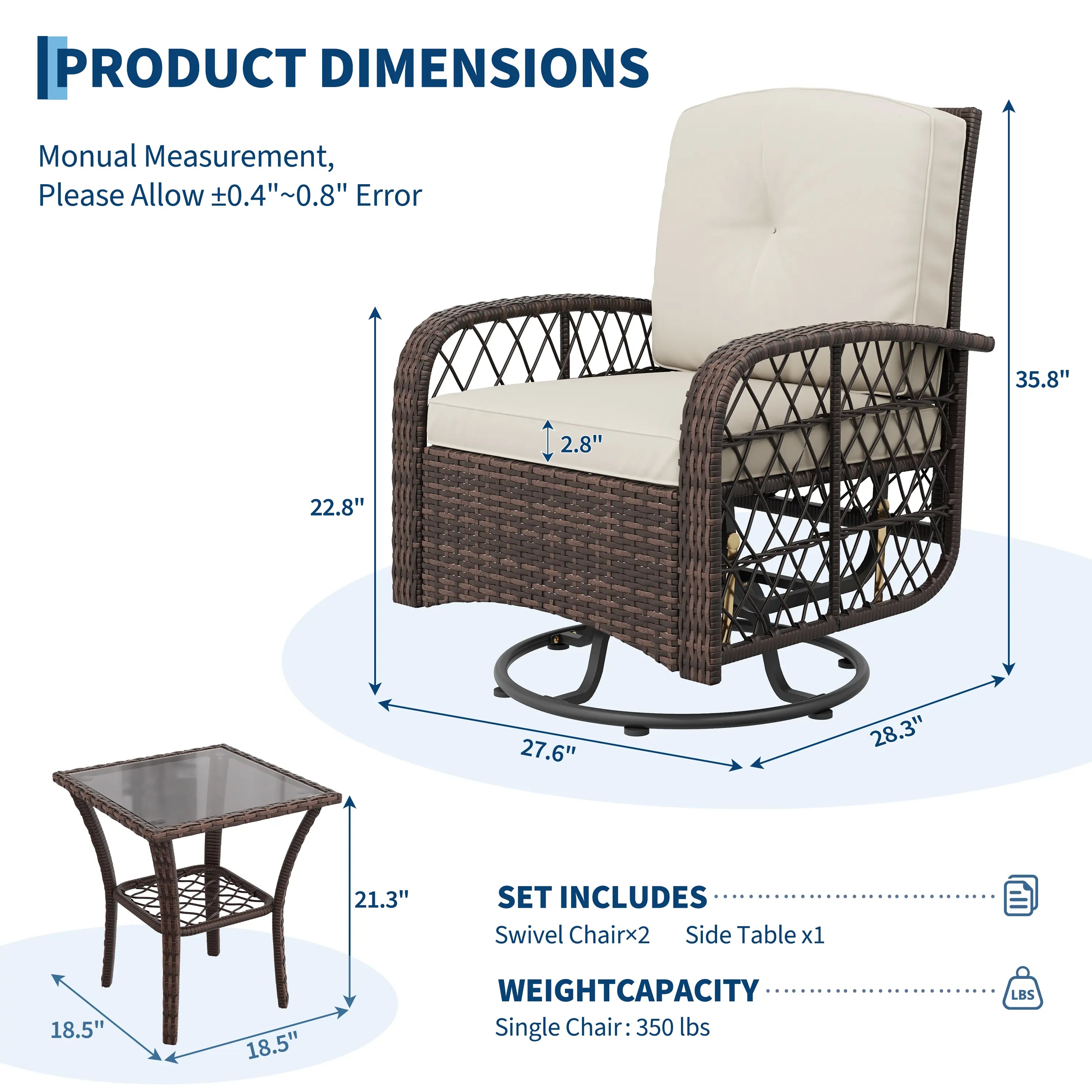 Garvee 3-Piece All-Weather Resin Rattan Outdoor Wicker Swivel Rocker Patio Furniture Set - Bistro Style, 4" Extra-Thick Foam Blue Waterproof Cushions, Ergonomic High-Support Backs, Tempered Glass Table, Assembly Required for Deck, Porch