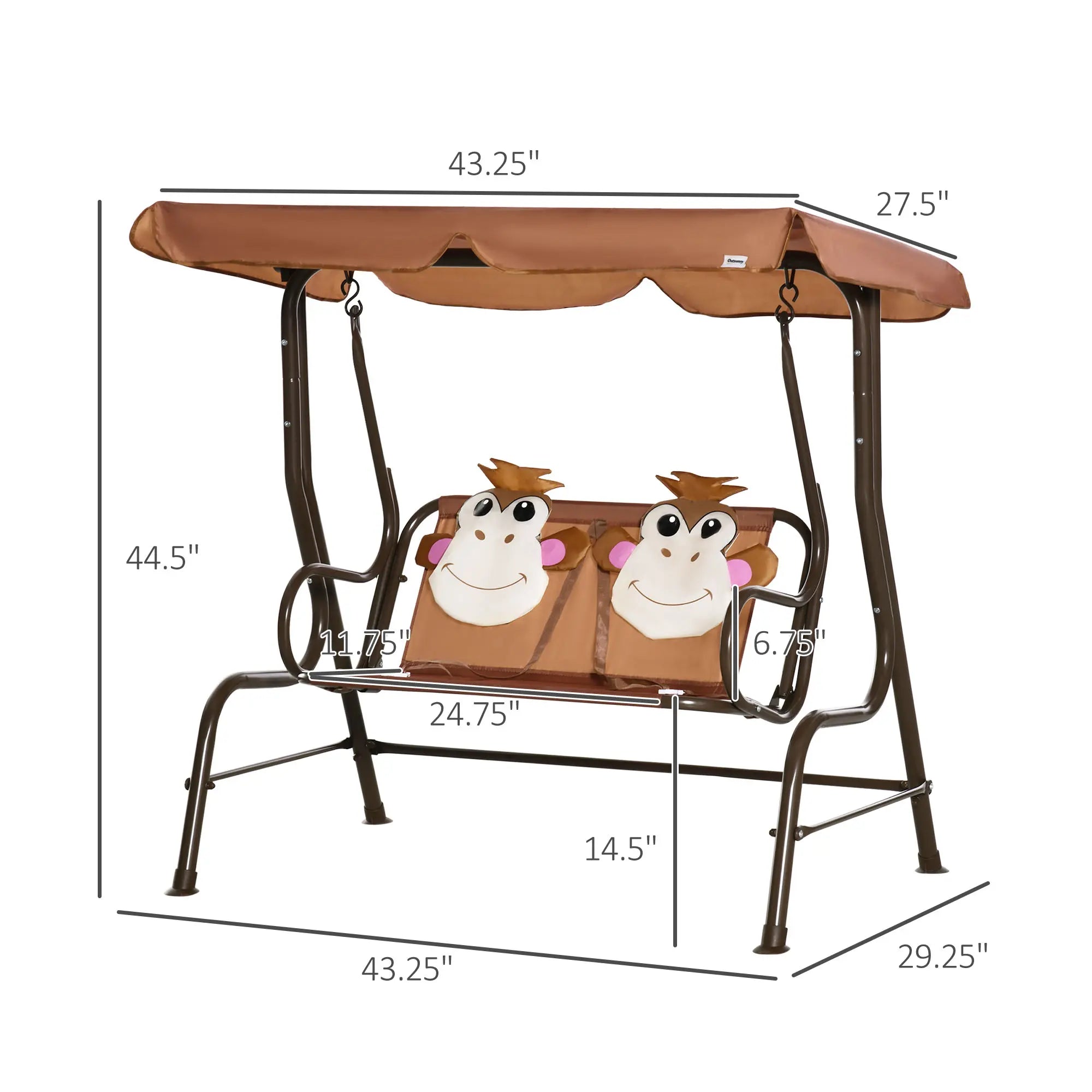 Qaba Kids Patio Swing, 2-Seater Outdoor Porch Swing Chair with Adjustable Canopy, Safety Belt, Hanging Swing Bench for Garden, Backyard