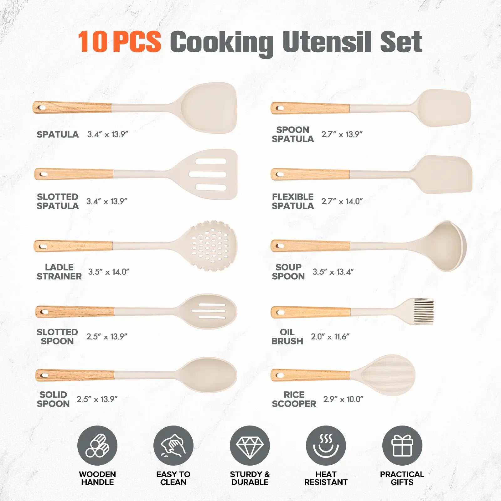 Silicone Cooking Utensils Set of 10 with Wooden Handle,No Scratch for Nonstick Cookware,Slotted Spoon&Spatula,Solid Spoon&Spatula,Large Measuring Ladle,Brush,Rice Paddle,Baking Turner&Flipper (Khaki)