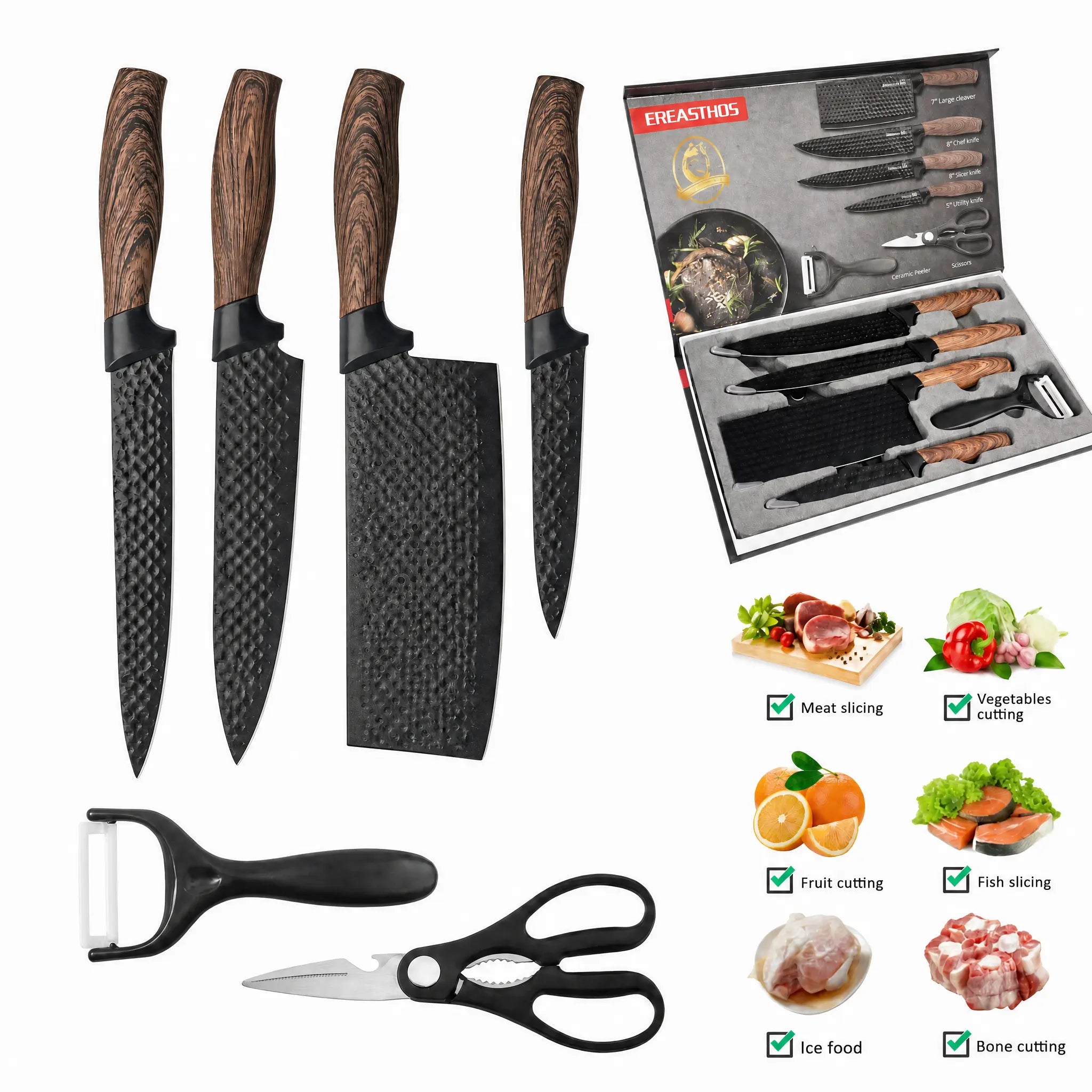 6-Piece Kitchen Knife Set, Black Hammered Stainless Steel Cooking Knives with Wood Grain Handles, Includes Cleaver Chef Utility Paring Knife Kitchen Scissors Peeler Efficiency Blade