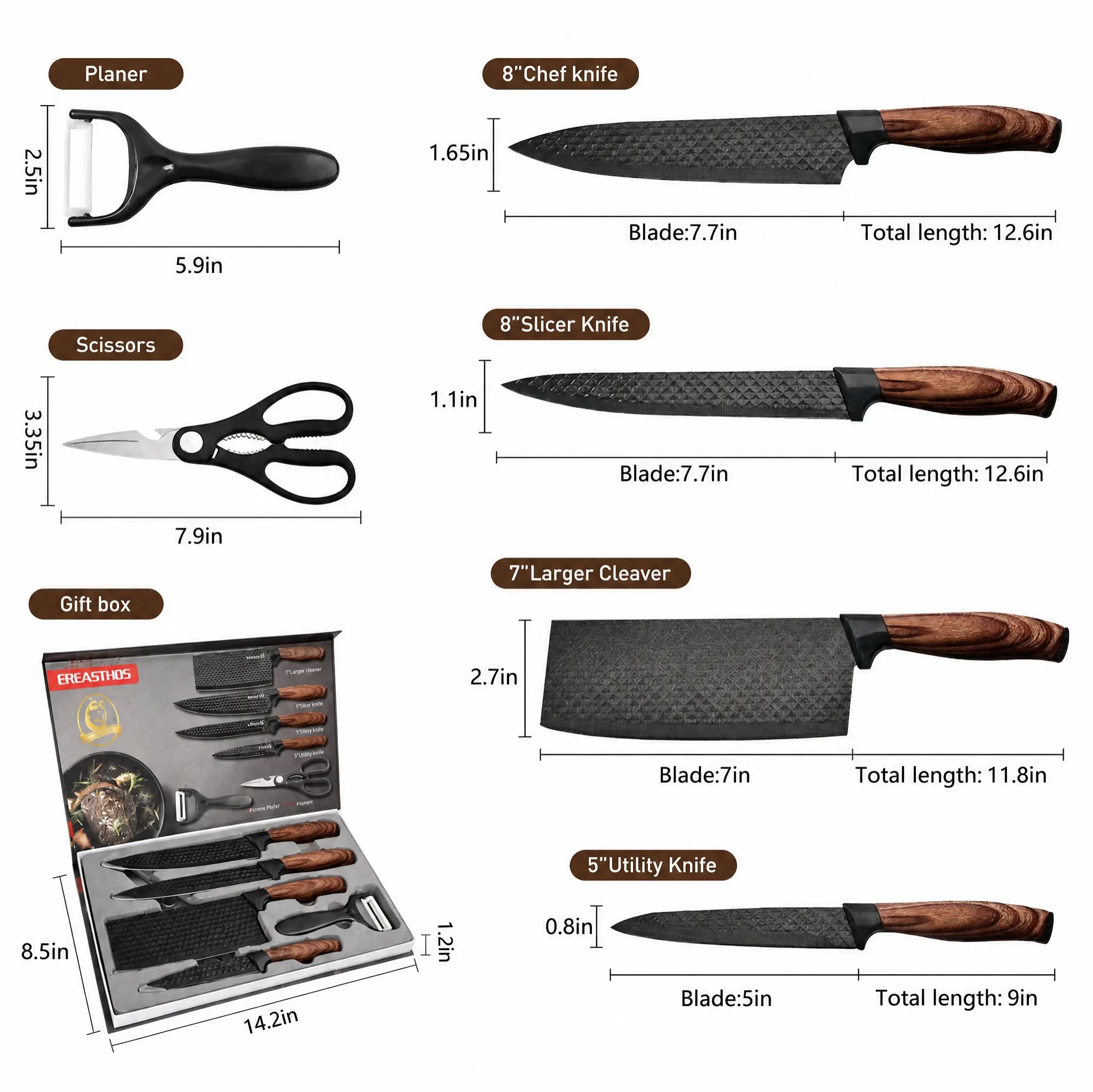 6-Piece Kitchen Knife Set, Black Hammered Stainless Steel Cooking Knives with Wood Grain Handles, Includes Cleaver Chef Utility Paring Knife Kitchen Scissors Peeler Efficiency Blade