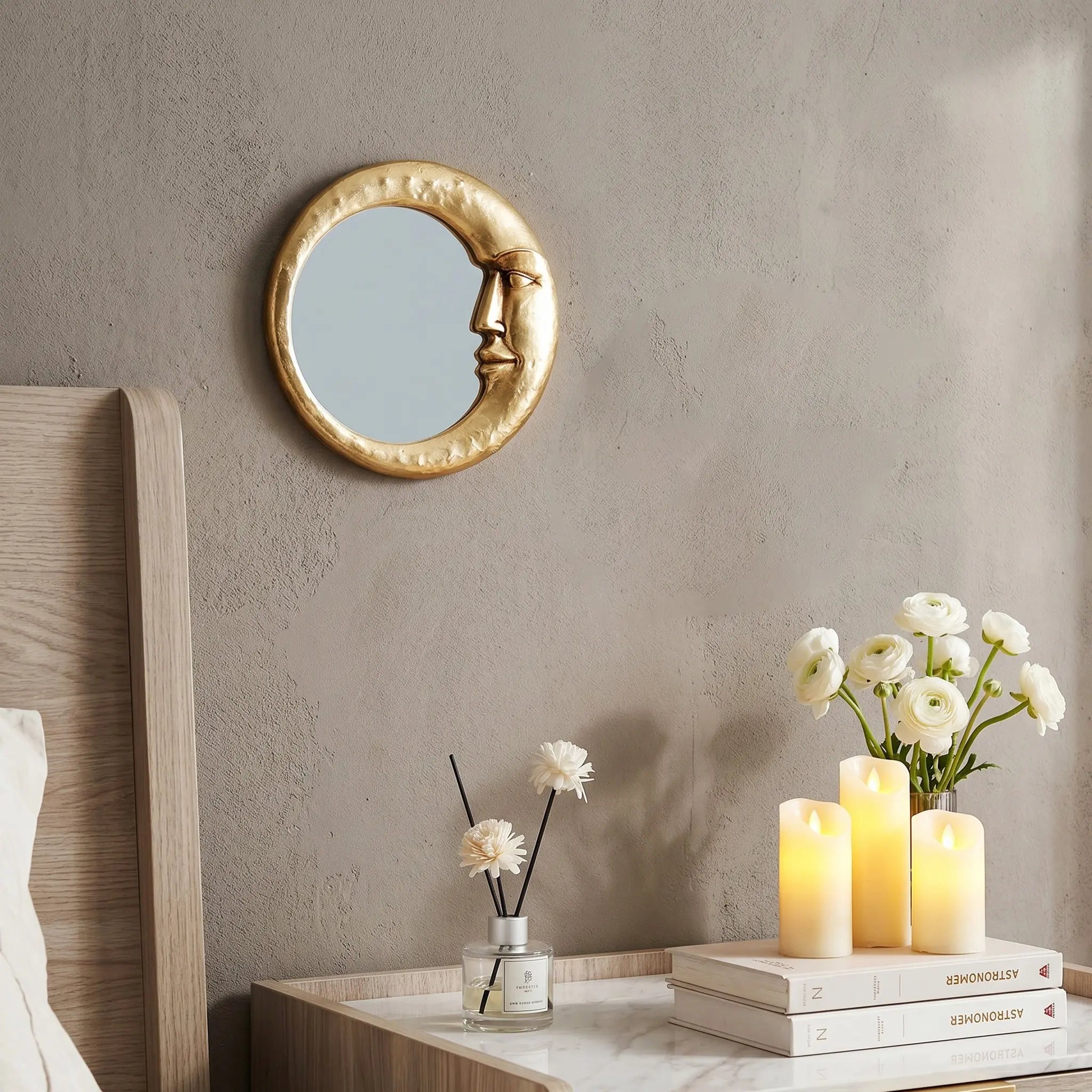 Round Wall Mirror with Moon and Face Design, Resin Wall-Mounted Home Decorative Mirror for Living Room and Bedroom #GLOBAL PICKS