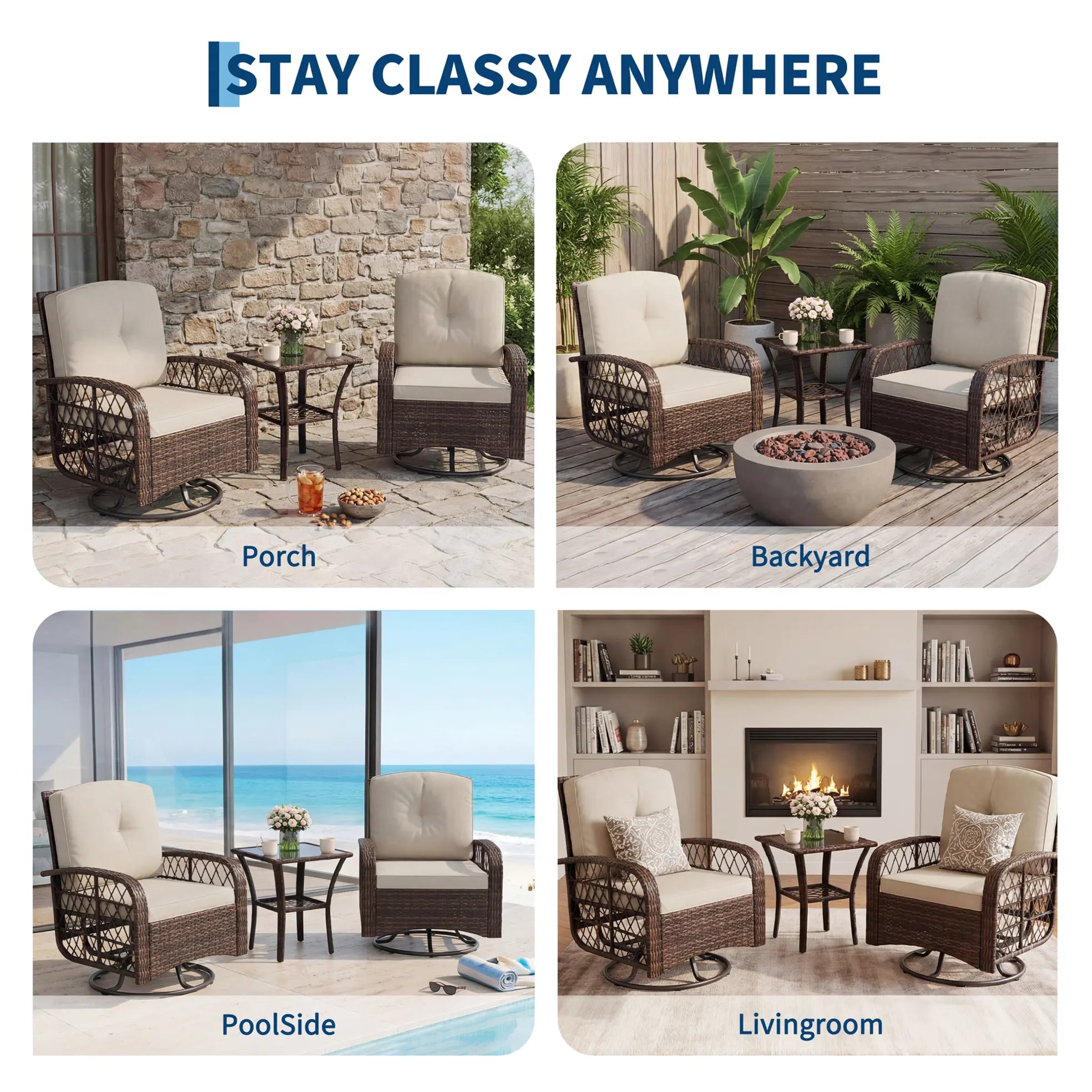 Garvee 3-Piece All-Weather Resin Rattan Outdoor Wicker Swivel Rocker Patio Furniture Set - Bistro Style, 4" Extra-Thick Foam Blue Waterproof Cushions, Ergonomic High-Support Backs, Tempered Glass Table, Assembly Required for Deck, Porch