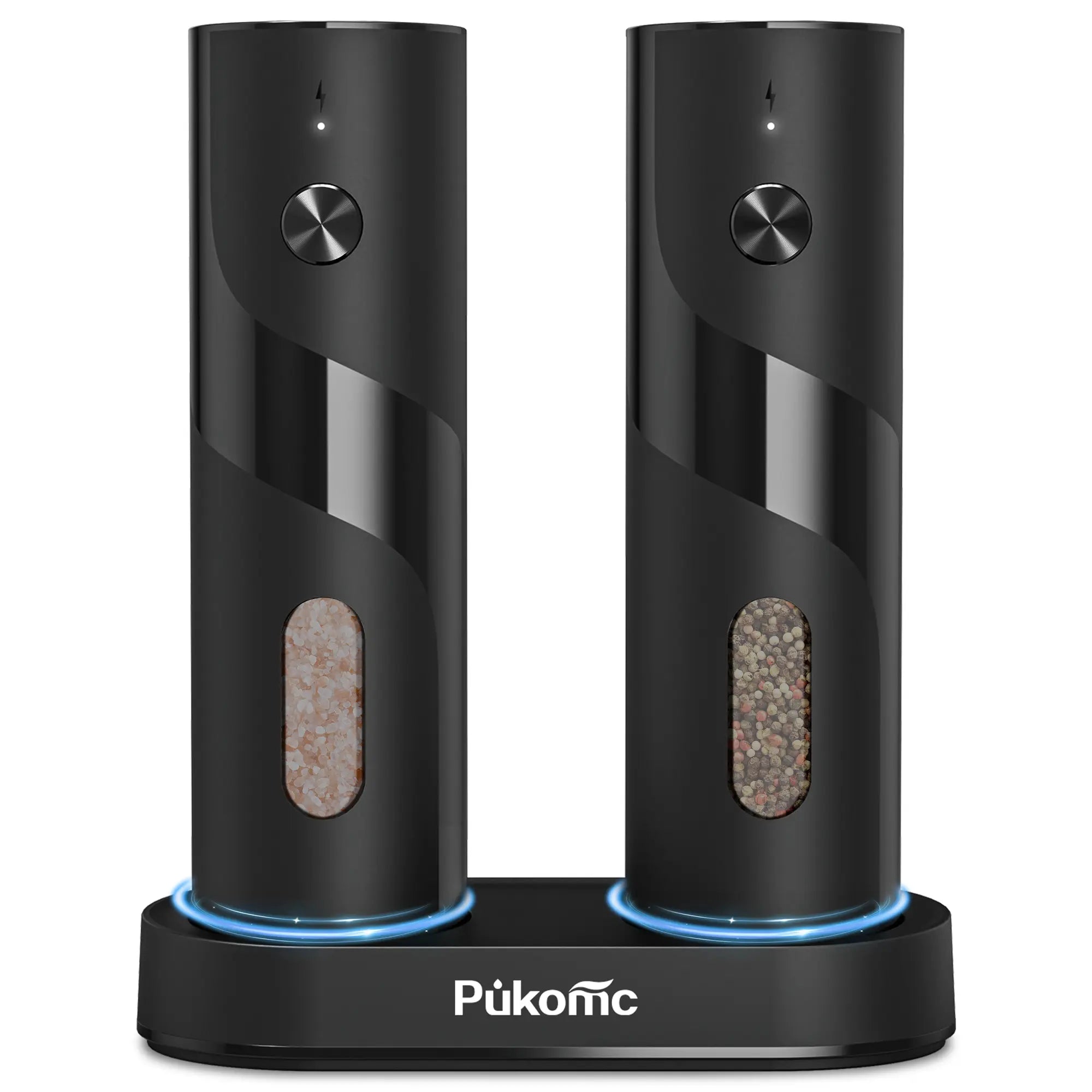 Pukomc Smart Electric Salt Grinder Set - 6 Adjustable Coarseness Levels, Rechargeable LED Base, Easy-Clean Design, 12 Refills & Accessories Included for Dining Table Grinding