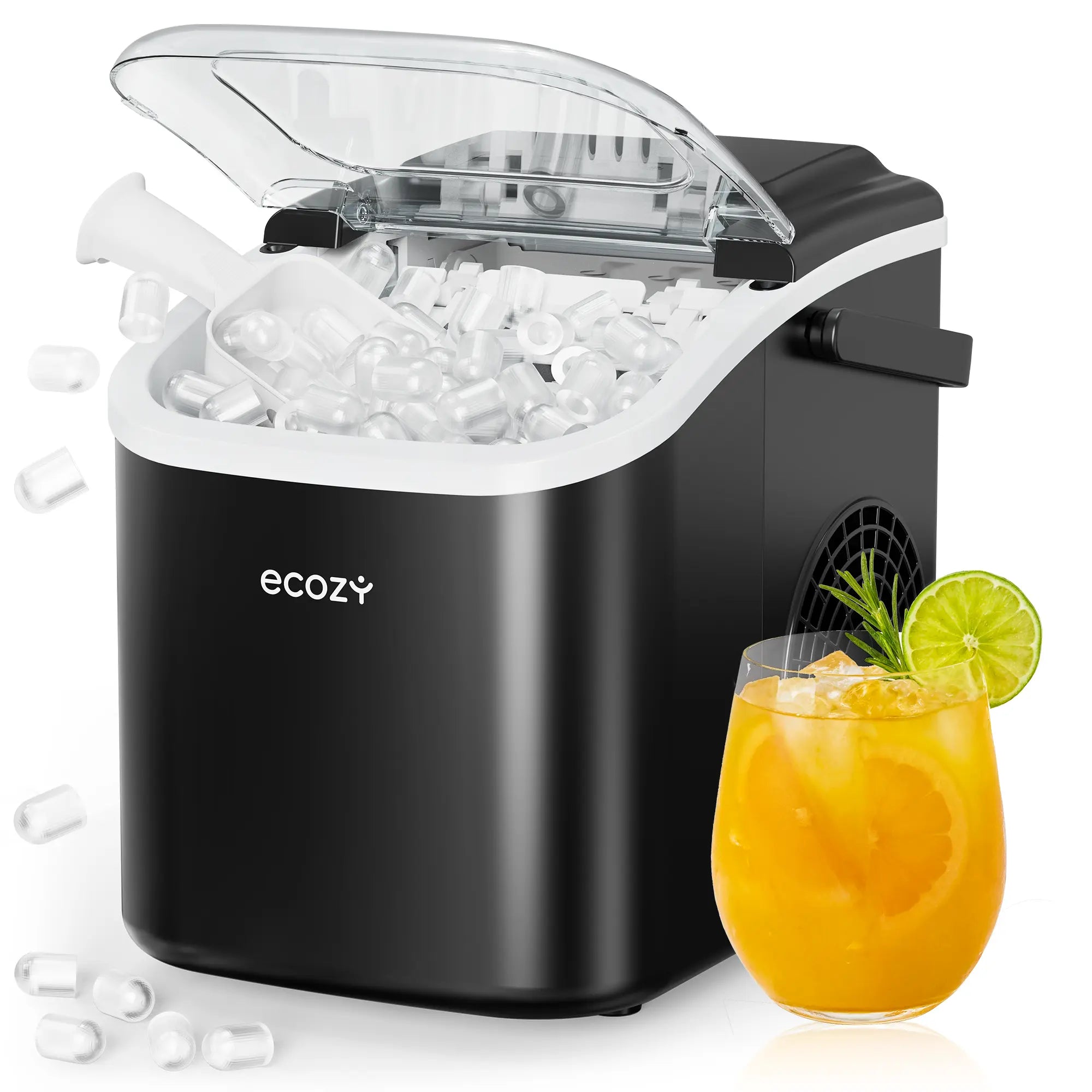 Ecozy Portable Countertop Ice Maker, 8 Ice Cubes in 6 Minutes, 26 Lbs Daily Output,Self-Cleaning with Ice Bags, Scoop, and Basket Kitchenware Home