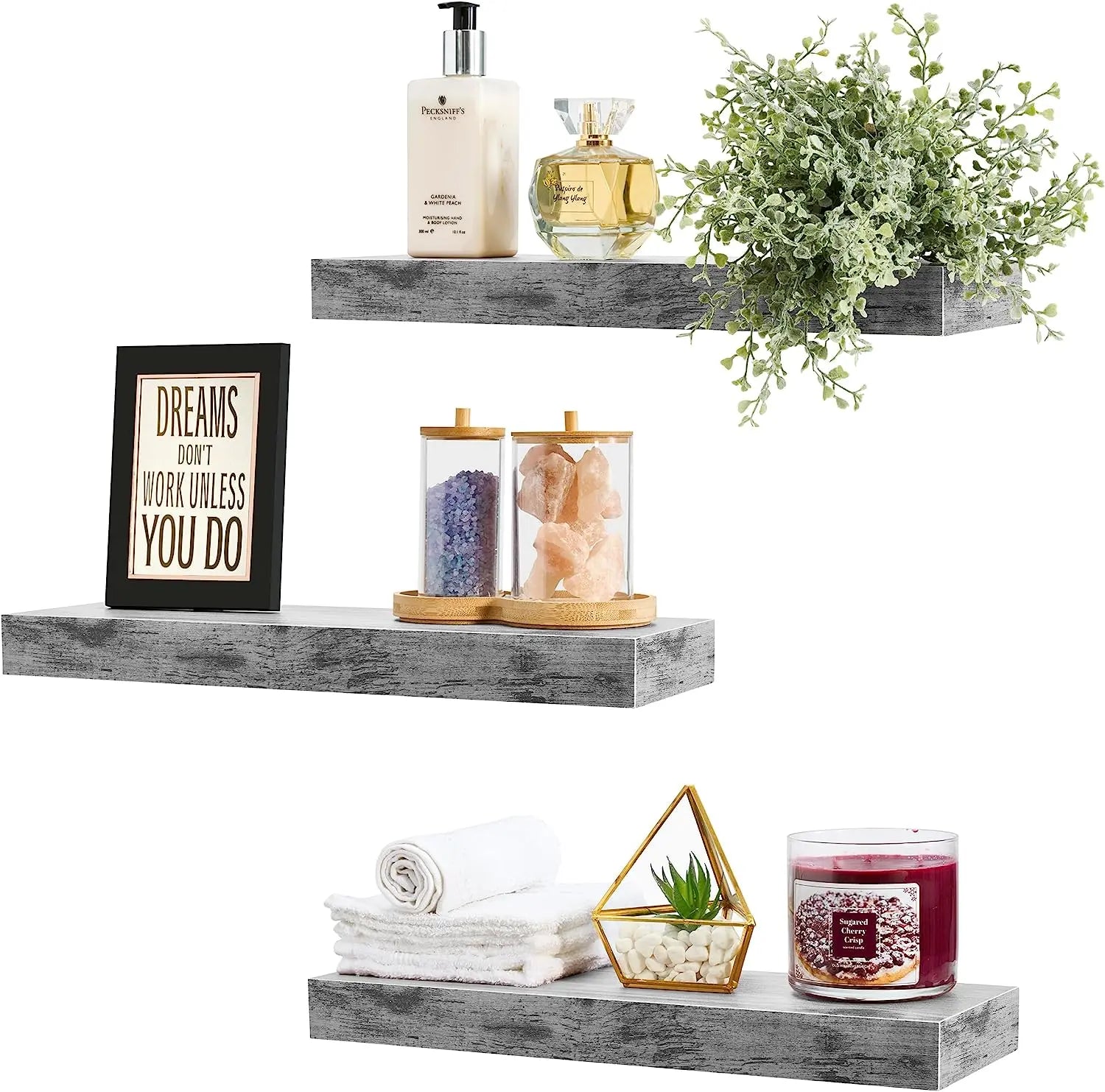 Set of 3 Rustic Wood Wall Shelves | Grey