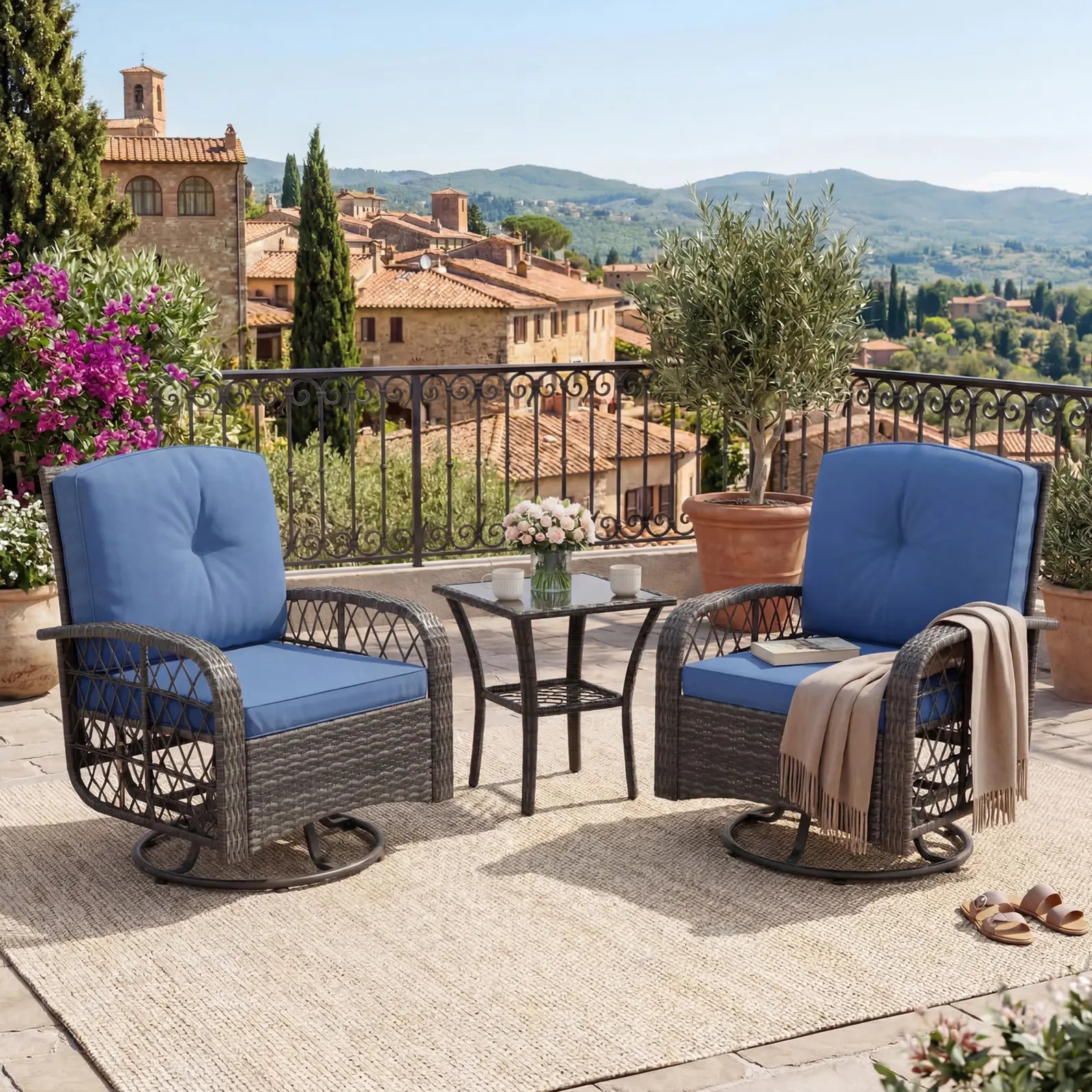 Garvee 3-Piece All-Weather Resin Rattan Outdoor Wicker Swivel Rocker Patio Furniture Set - Bistro Style, 4" Extra-Thick Foam Blue Waterproof Cushions, Ergonomic High-Support Backs, Tempered Glass Table, Assembly Required for Deck, Porch